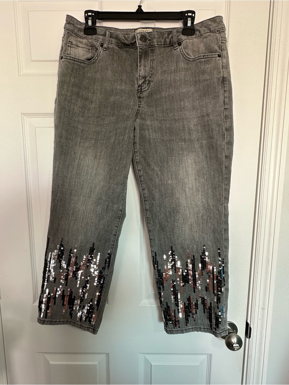 LOGO by Lori Goldstein Gray Cropped Jeans with Sequin Hem